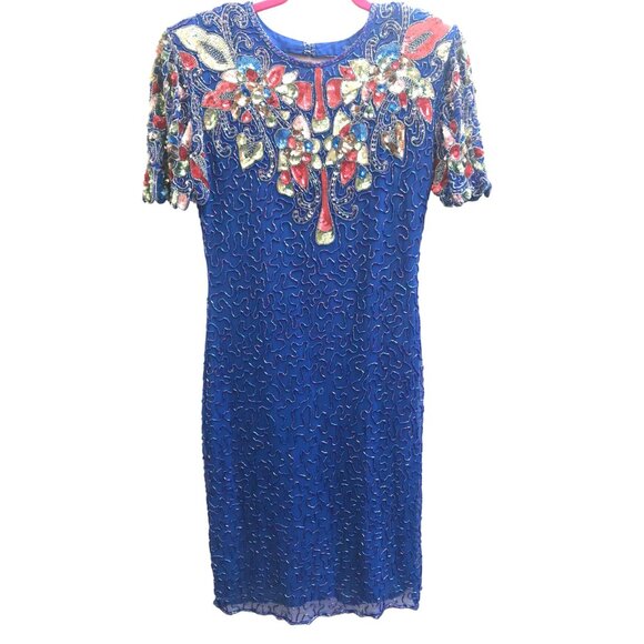 Vintage Swee Lo Royal Blue Sequin Beaded Silk Dress | XS/Small | 80s Cocktail Go - Picture 7 of 10